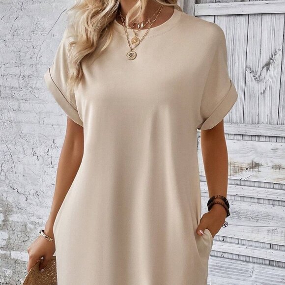 Apicot Orange Boho Womens Solid Batwing Sleeve Hidden Pocket Tee Dress - Picture 1 of 5